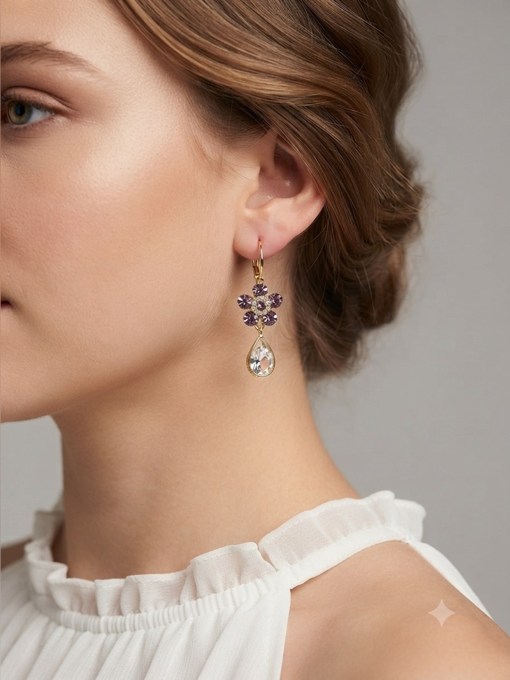 Purple Crystal Flower Earrings | Gold Teardrop Rhinestone Dangles